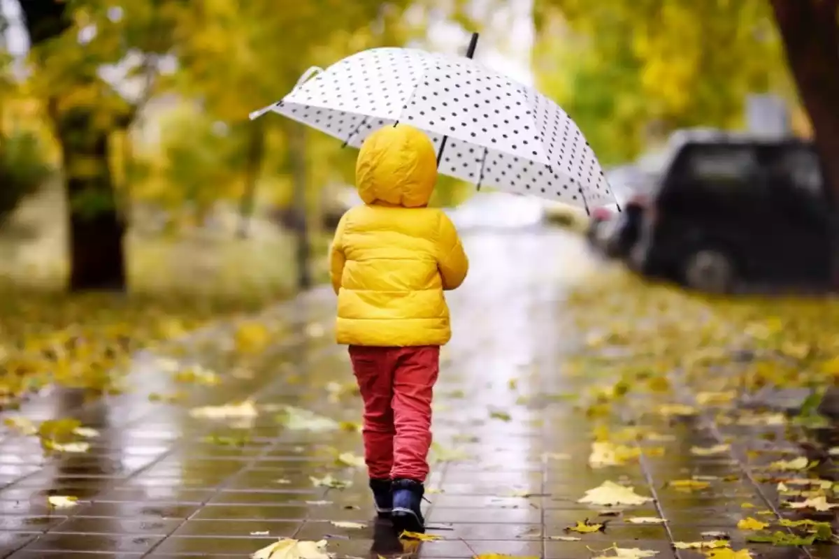 Imagen de un niño paseando en un día de lluvia de pleno otoño