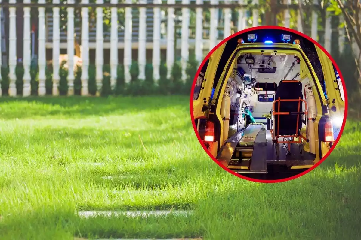 Montaje de un jardín con una ambulancia