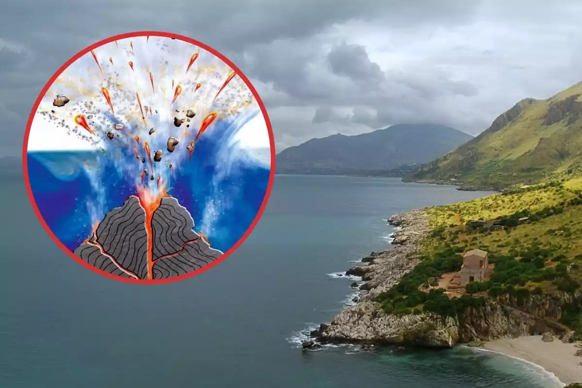 Montaje con una imagen del mar de Sicilia y una representación de una erupción