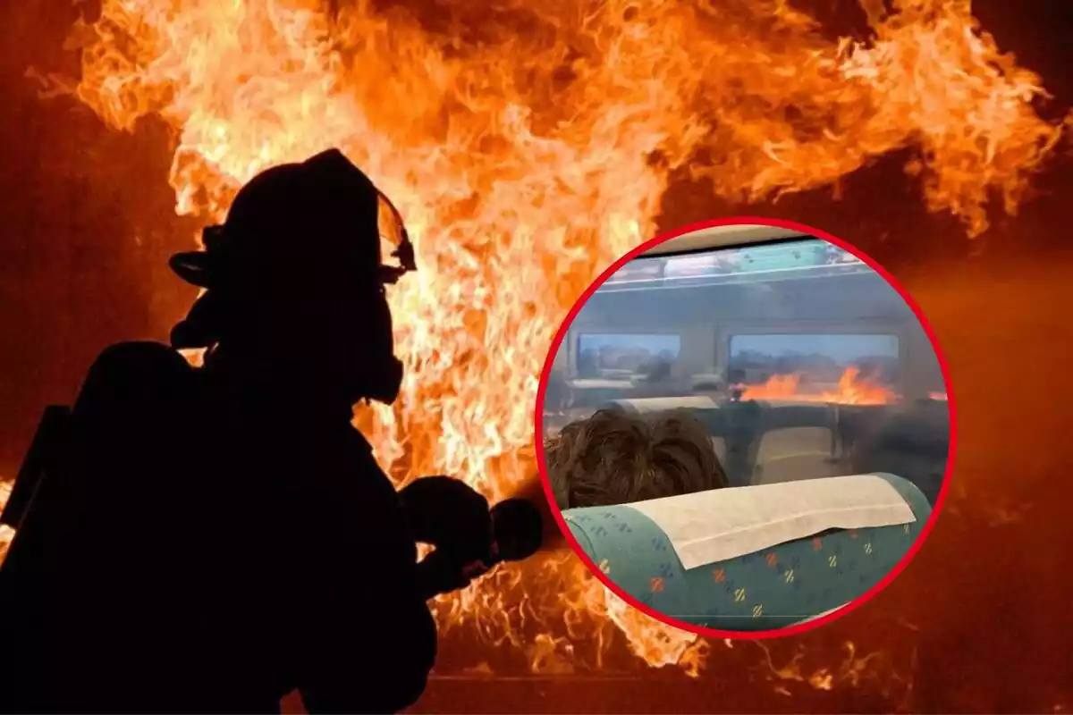 Montaje con un bombero apagando un incendio y una imagen desde un tren en Zamora