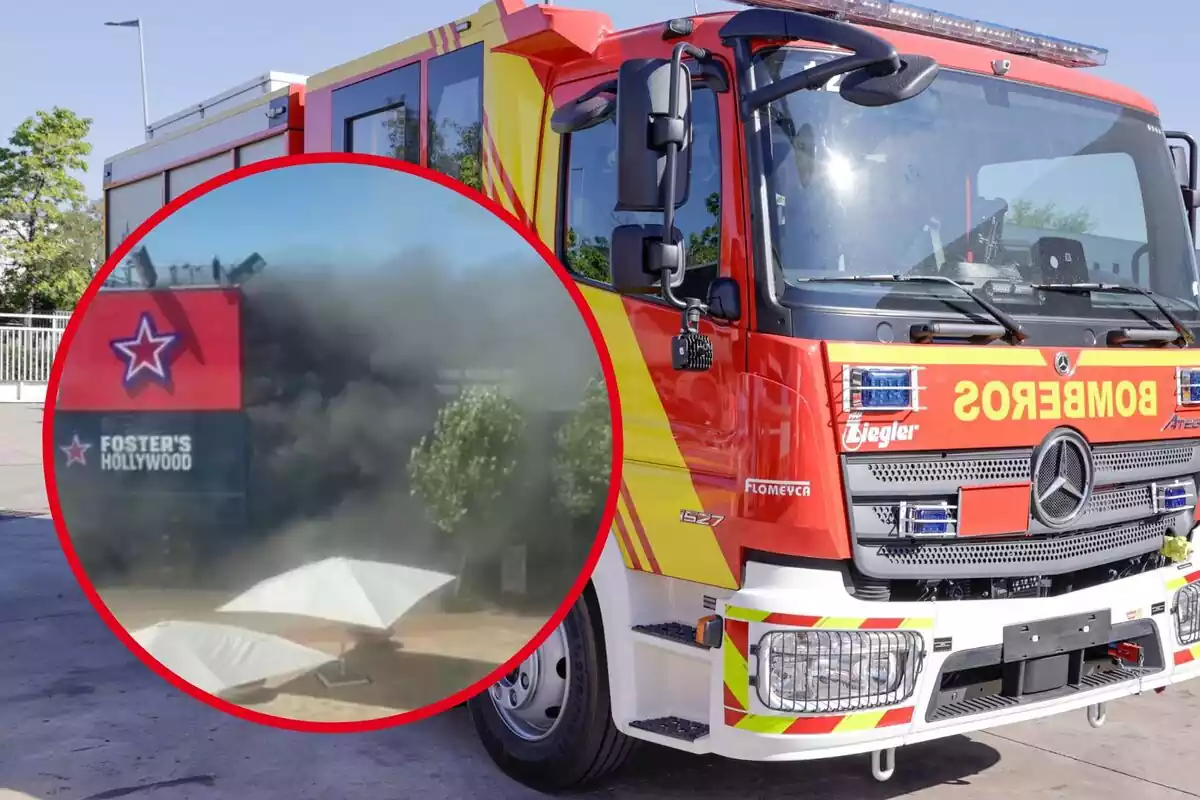 Montaje con la imagen de un camión de bomberos y un incendio en Madrid