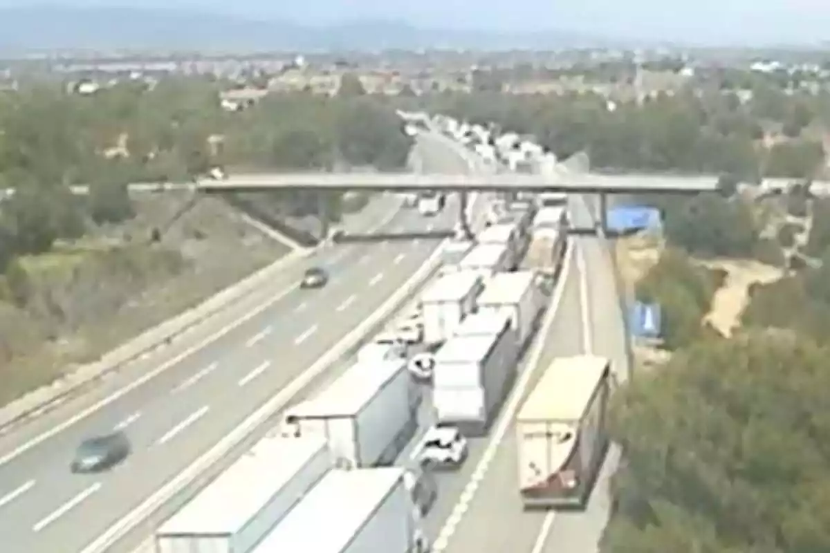 Imagen de la retención en la AP-7 tras el choque entre tres camiones a la altura de Santa Oliva (Tarragona)