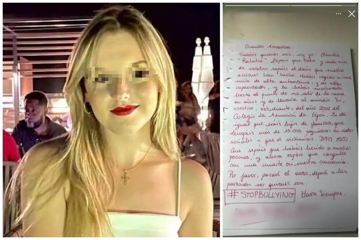 Montaje de fotos de Claudia G.A. con la cara pixelada y la carta de despedida que dejó antes de suicidarse