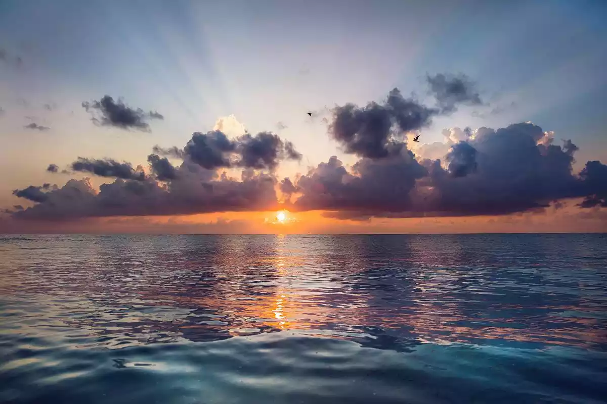 Imagen del mar con un amanecer de sol y nubes de fondo