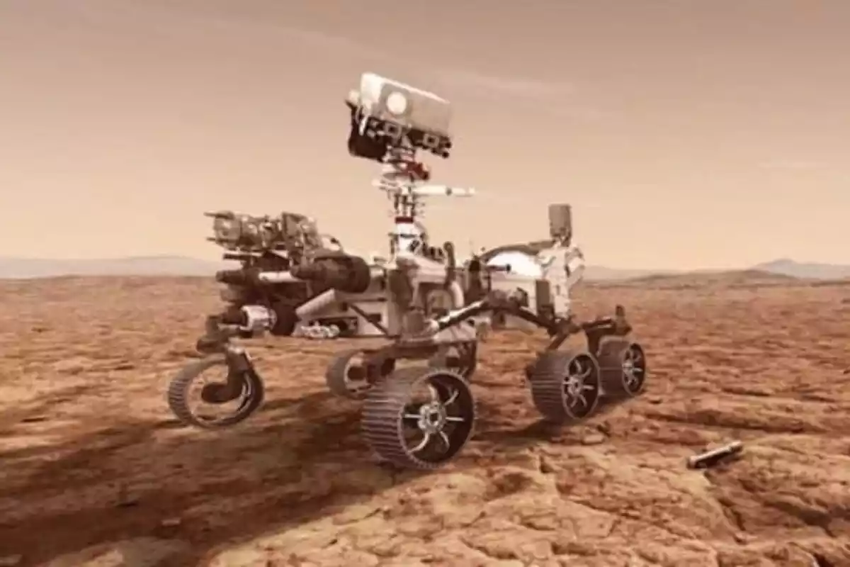 Imagen ilustrativa del rover de la NASA aterrizando en Marte