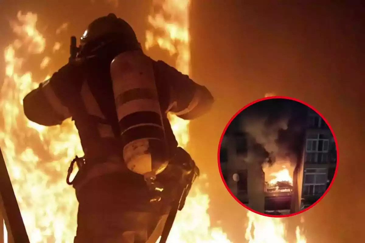 Montaje de fotos del incendio en Granada y un bombero en labores de extinción de un incendio