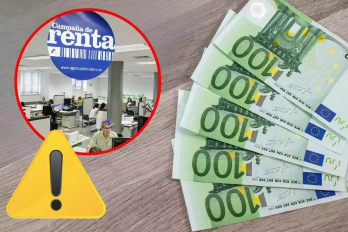 Oficina de la campaña de renta con billetes de 100 euros y un símbolo de advertencia. Oficina de la campaña de renta con billetes de 100 euros y un símbolo de advertencia.
