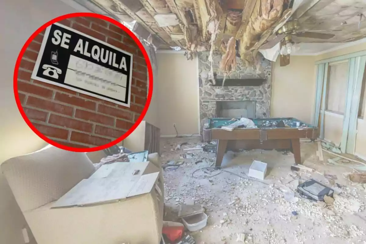 Habitación en mal estado con techo dañado y desorden, junto a un cartel de Habitación en mal estado con techo dañado y desorden, junto a un cartel de