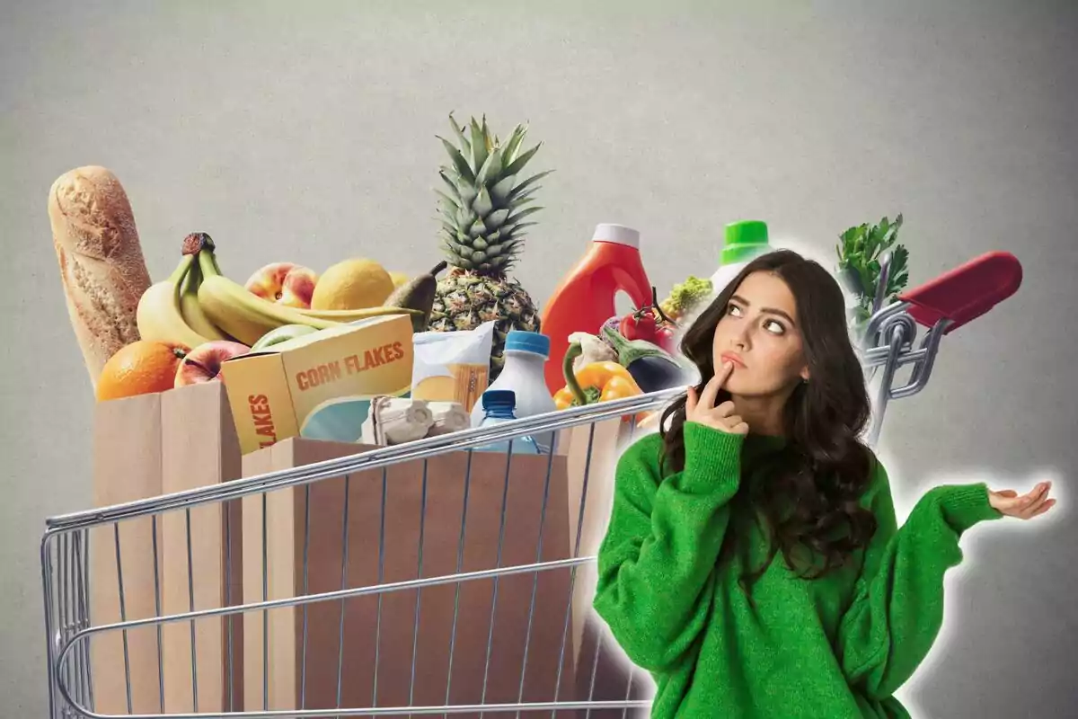 Mujer pensativa frente a un carrito de supermercado lleno de productos y alimentos.