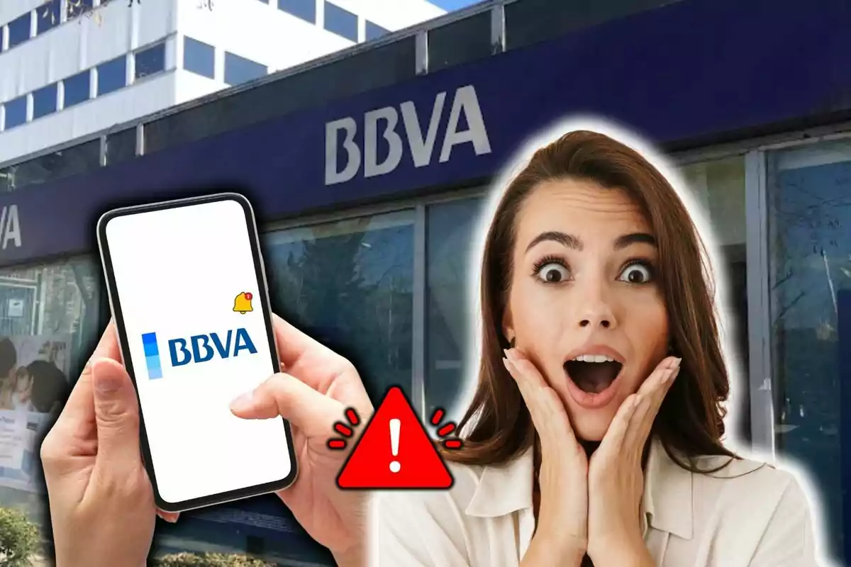 Persona sorprendida frente a una sucursal de BBVA con un teléfono móvil mostrando el logo de la aplicación y un icono de alerta.